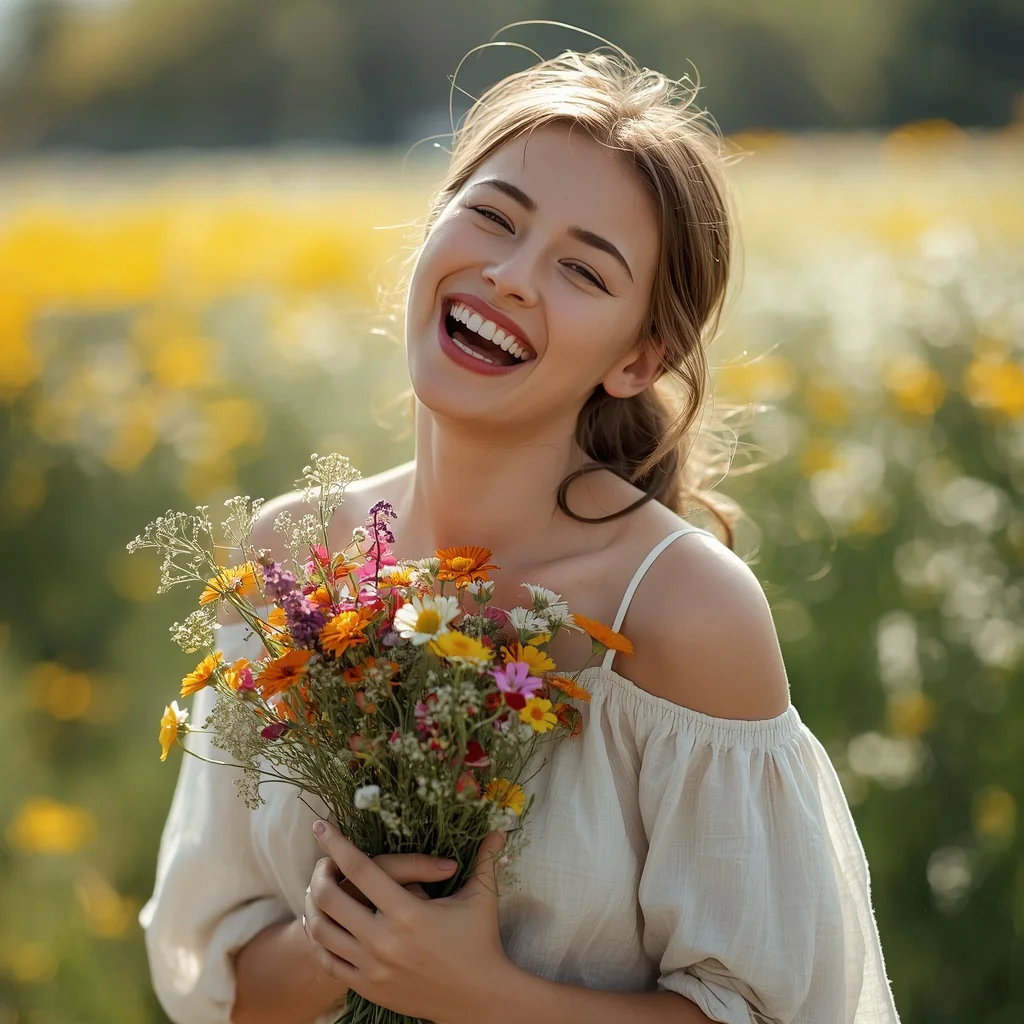 Beautiful Girl Laughing Candidly While Holding a Bouquet of Flowers | prompt for traditional look for girl chatgpt — AI image prompt