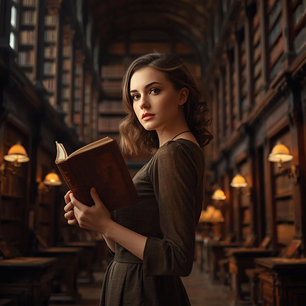 Beautiful Girl Posing Artistically with a Book in an Old Library | prompt for gemini ai girl style trending indian — AI image prompt