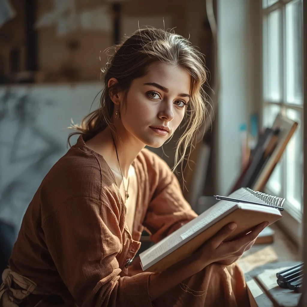 Beautiful Girl Posing Artistically with a Sketchbook and Charcoal | new trending prompt chatgpt — AI image prompt