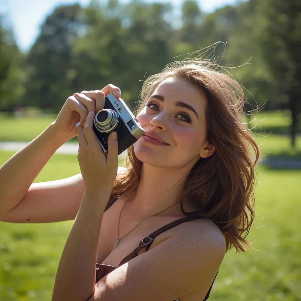 Beautiful Girl Posing Playfully with a Vintage Camera in a Park | prompt for Gemini AI girl Indian style — AI image prompt