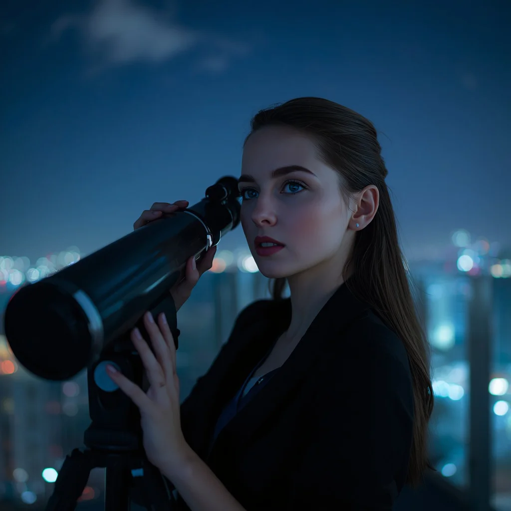 Beautiful Girl Posing Thoughtfully with a Telescope on a Balcony | new trending prompt chatgpt — AI image prompt