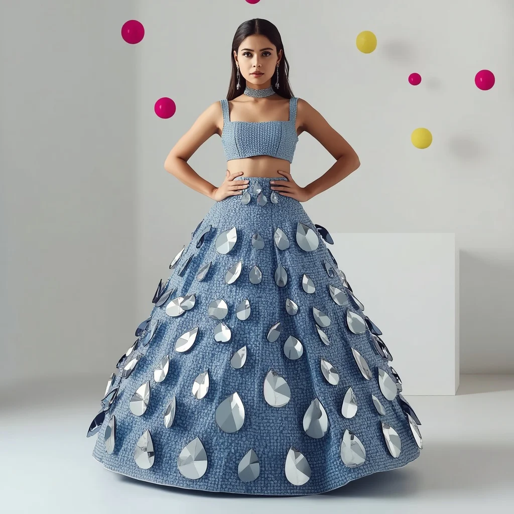 Beautiful Girl's Sapphire Lehenga: Aggressive Metallic Cinch | traditional prompt for gemini ai girl aesthetic — AI image prompt