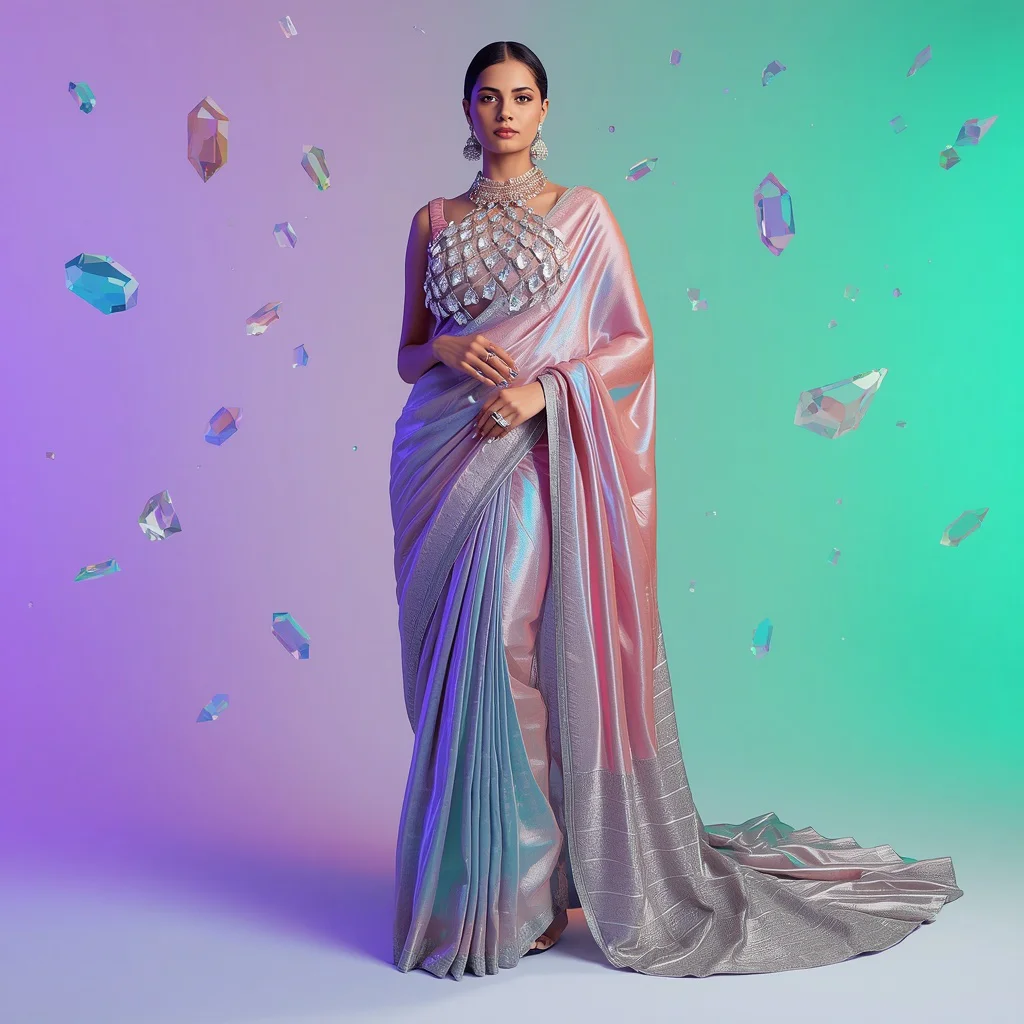 Hyper-Realistic Fashion Editorial of a Liquid Diamond Lattice Saree | prompt for gemini ai girl style trending instagram copy and paste — AI image prompt
