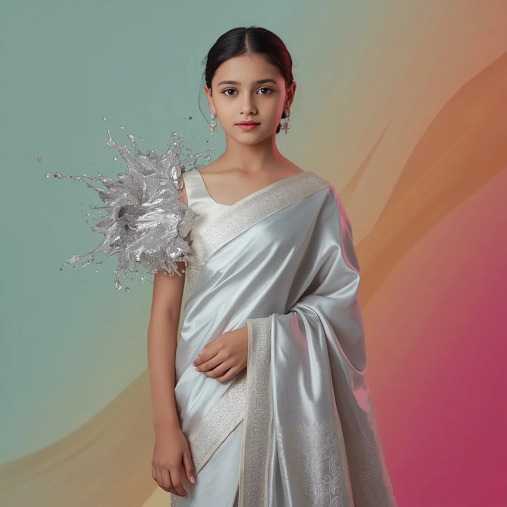 Silver Molten Splash Saree: Sophisticated Elegance for Her | prompt generator — AI image prompt