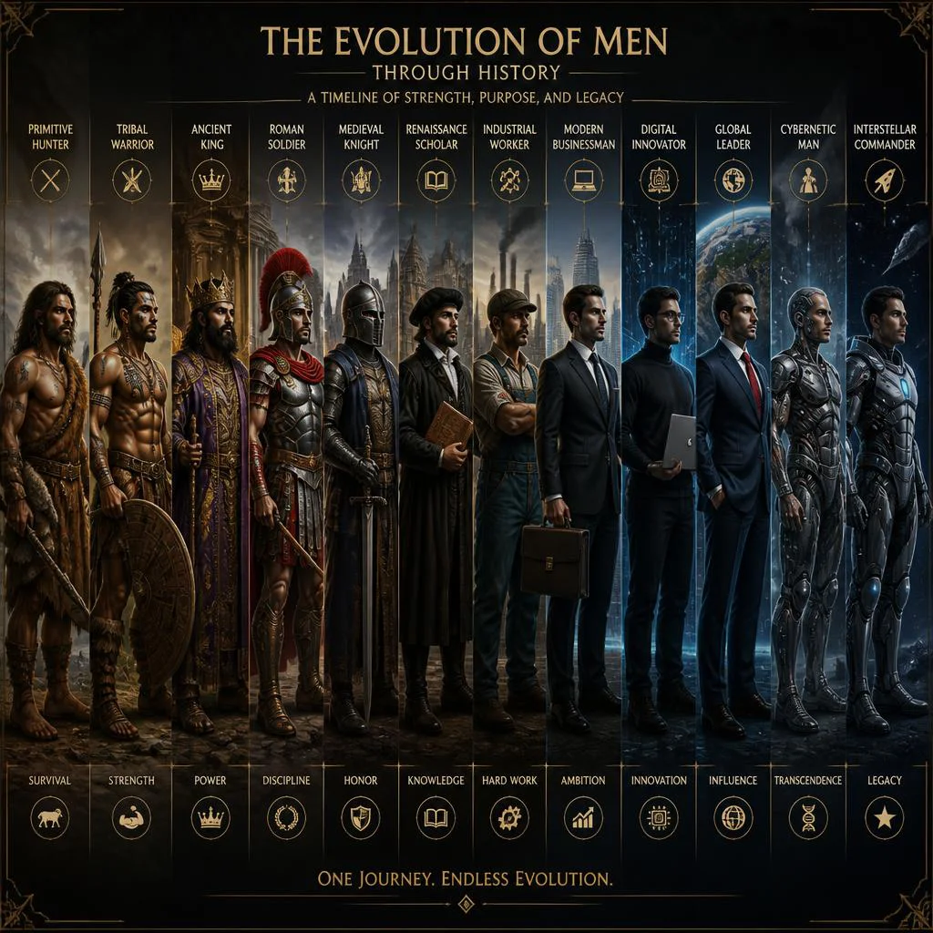 The Evolution of Men Through History from Primitive Hunter to Futuristic Leader, An Extraordinary Luxury Timeline | Prompt seen trending boy Instagram AI photo — AI image prompt