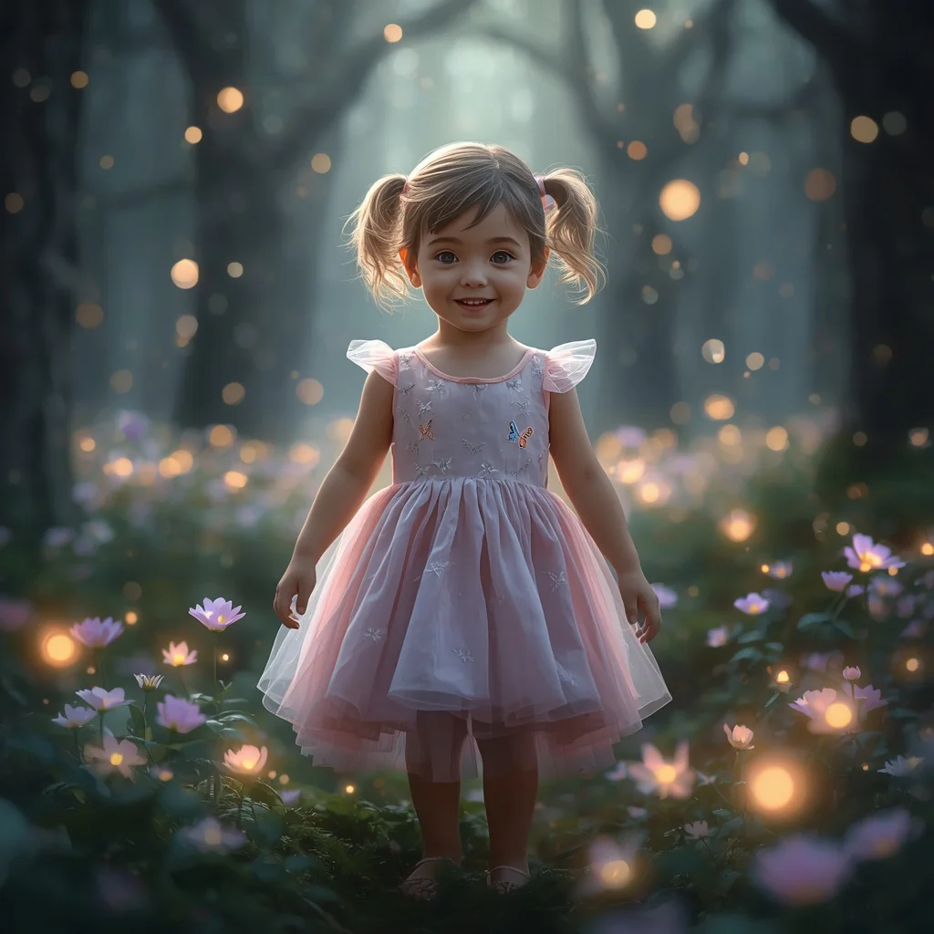 Young Girl Lost in a Whimsical Forest of Glowing Flowers | instagram prompt for traditional look for girl — AI image prompt